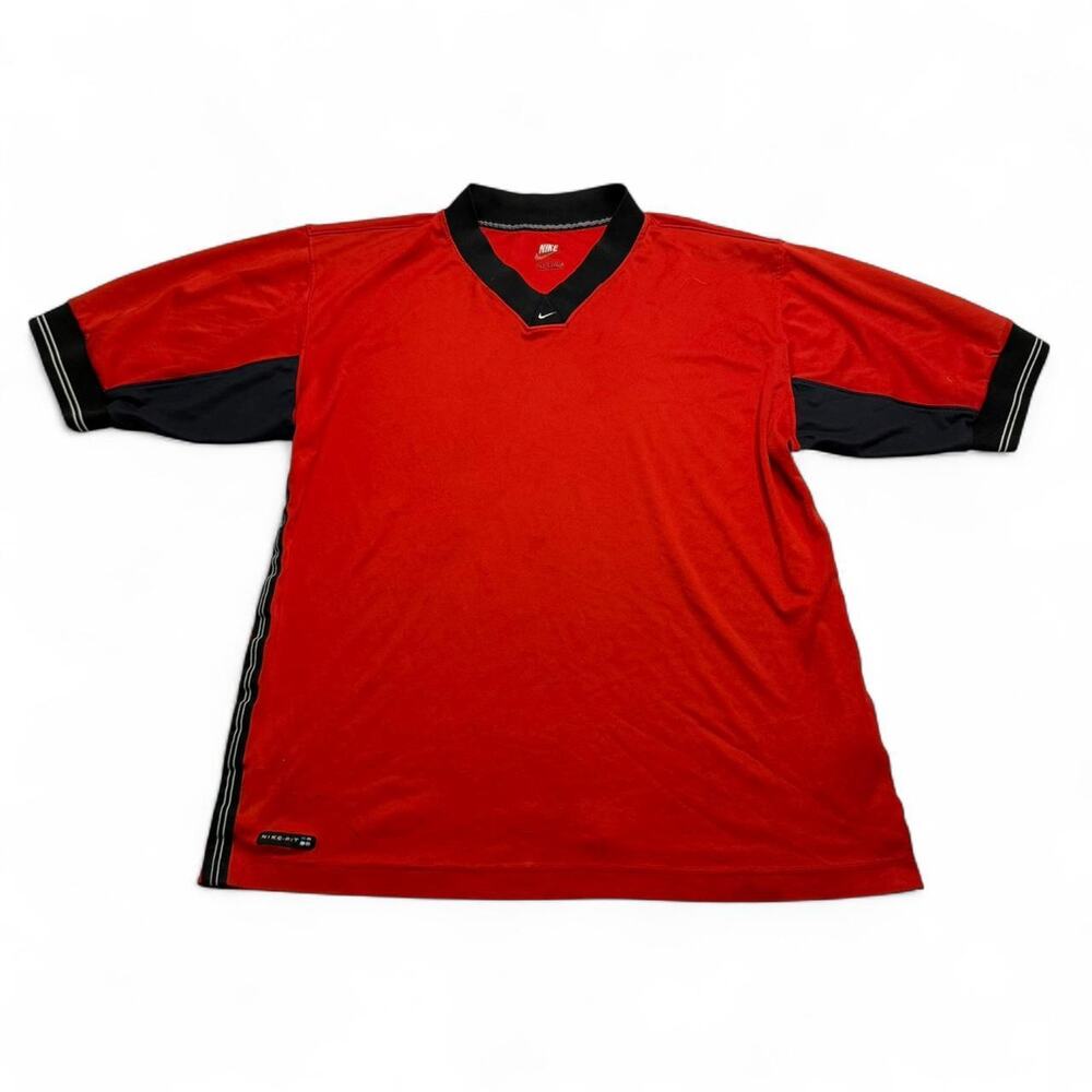 Vintage Nike Fit Red Black V-Neck Soccer Jersey Shirt XL